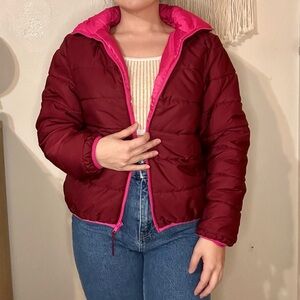 Burgundy and Pink Puffer Jacket